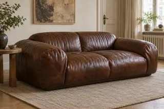 A deep brown leather two-seat sofa with broad rounded arms and generous seat panels.