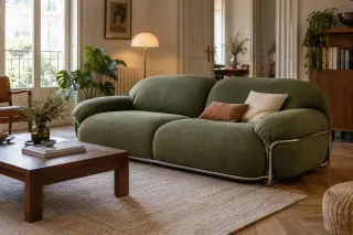 A generously upholstered green sofa gathered by an external metal brace in a sitting room.