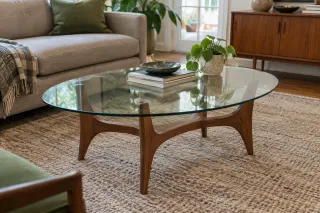 An oval clear glass coffee table on an open wooden base in a sitting room.