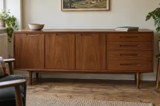 A long brown wooden sideboard with doors and four drawers on a raised base in a lived-in room.