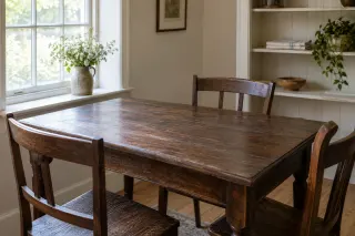 An empty vintage dining tabletop in diffuse window light.