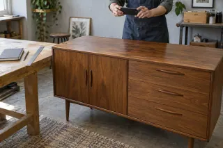 An adult photographs the top of a wooden sideboard in a workshop with a notebook and ruler nearby.