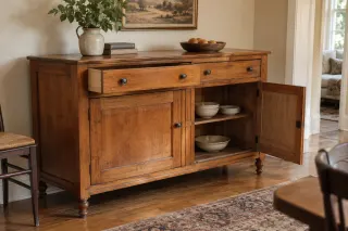 An older wooden sideboard in a domestic room with its complete form visible.