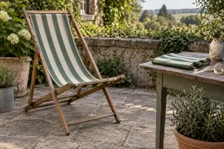 A striped canvas deckchair on a sheltered garden terrace.