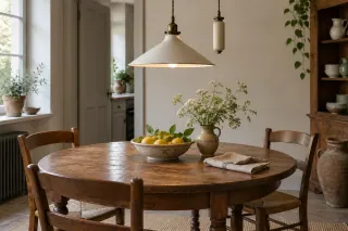 A pale pendant shade and ceramic counterweight hanging above a wooden dining table.