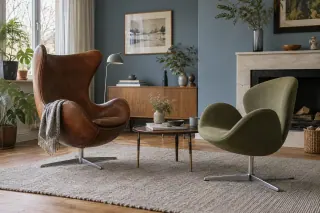 A tall brown upholstered chair and a lower green wing-shaped chair together in a living room.