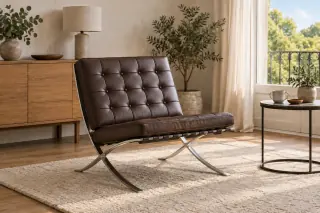 A brown quilted Barcelona-style lounge chair with a crossed metal frame stands on a pale rug beside a window.