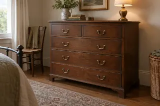 A dark wooden chest with warm brass-coloured drawer pulls in a bedroom.