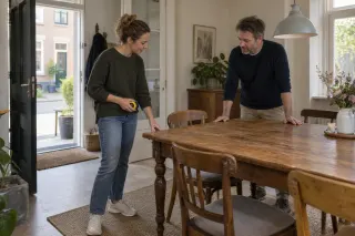 Two adults discussing a wooden dining table in a home near an open entrance.