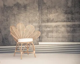 Pale woven chair with a fan-shaped open back, rounded seat cushion, angled legs and visible frame members.