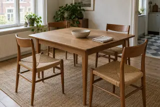 Four timber chairs with natural woven seats surround a wooden dining table in a bright apartment.