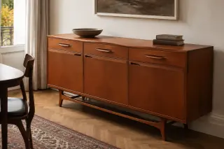 A low teak-coloured sideboard with sculpted handles in a dining room.