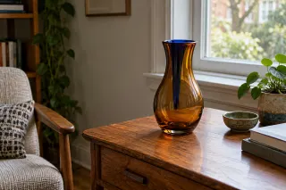 Amber and blue glass vase on a wooden table near a window.