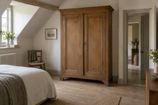 A tall panelled wooden wardrobe stands in a bedroom with a sloping ceiling.