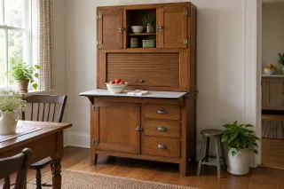 An oak kitchen cabinet with upper storage, a roll front, a pale worktop and lower drawers.