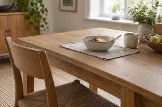 Breakfast dishes on a pale timber table with a linen placemat.