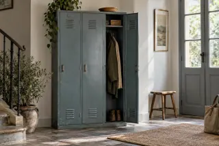 A bank of blue-grey metal lockers stands in a hallway, with one door open to show a coat and boots.