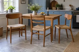 Three wooden dining chairs with different back shapes around a table in a warm dining room.