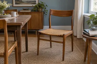 Wooden dining chair with a woven seat beside a table holding an upholstery sample.