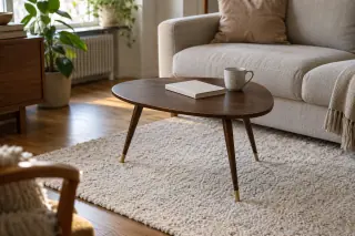 A small dark leaf-shaped three-legged table stands beside a sofa on a pale rug.