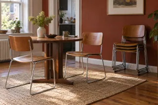 Slender metal-framed wooden chairs around a dining table, with a low stack beside the wall.