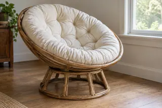 A cushioned rattan bowl chair resting on a separate rattan base beside a window.