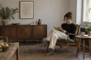 Small framed botanical drawing above a sideboard in a modest furnished room.