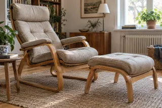 A reclined laminated-wood chair and separate padded footstool in a living room.
