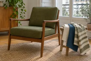 An olive-upholstered wooden armchair sits beside a stool holding cream, blue and striped fabric samples.