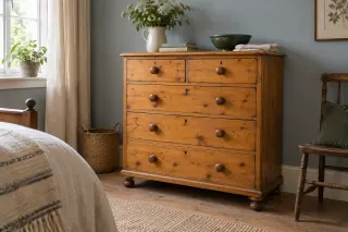 A warm orange-toned knotty pine chest against a blue-grey bedroom wall.