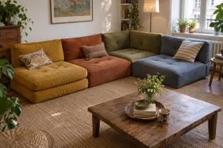 Colourful low seating pads and back elements arranged around a coffee table in a living room.
