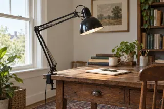 A black adjustable spring-arm desk lamp mounted at the edge of a wooden desk.