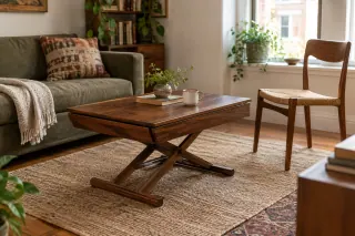 A wooden coffee table with a folding top and crossed supports stands in a compact living room.