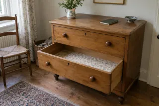 An open drawer in an old wooden dresser reveals a floral lining.