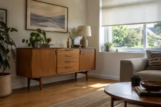 A wooden sideboard stands on an interior wall beside a window with a partly lowered blind.