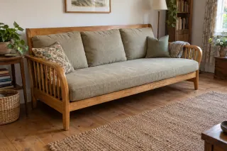 A long wooden studio couch with loose cushions in a living room.