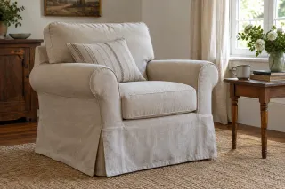 A roll-arm chair with a tailored pale loose cover in a sitting room.