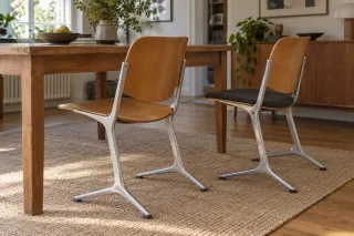 Wood and metal chairs with bare and covered seats beside a dining table.