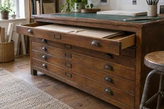 A broad wooden plan chest with a shallow drawer open around a portfolio folder.