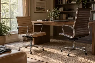 Two ribbed upholstered swivel chairs with metal frames have medium and taller backs beside a wooden desk.