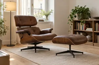 A brown leather lounge chair with curved wooden shells and a separate ottoman occupies a quiet reading corner.