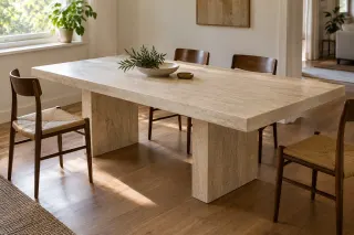 A pale stone-coloured dining table with a rectangular top and two broad slab supports.