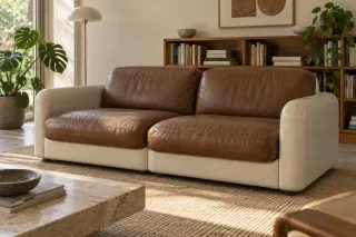 Low two-seat sofa with pale outer shells and brown cushions in a modest sitting room.