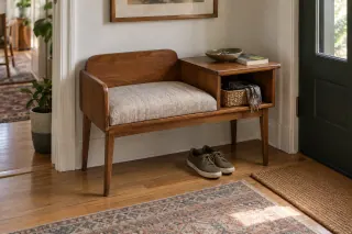 A small wooden hall bench combines a cushioned seat with a raised side surface and open storage.