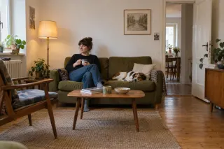 A modest living room furnished with an olive sofa, older wooden armchair, low table and cabinet.