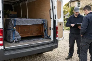 Blanket-wrapped wooden cabinet secured inside a parked delivery van.