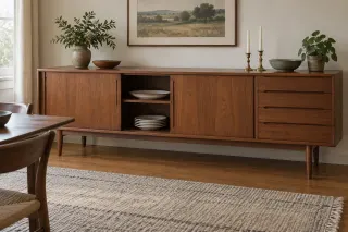 A long wooden sideboard with sliding panels, an open shelving bay and four drawers at the right.