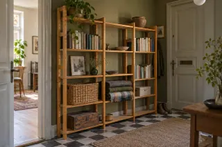 Pine shelving with three bays holds books, baskets and folded blankets in an apartment hallway.