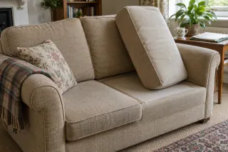 A domestic sofa with loose cushions moved aside in a living room.