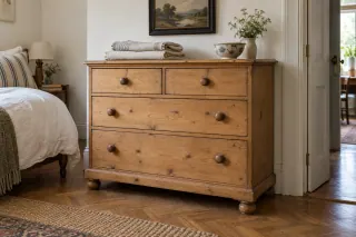 A honey-coloured pine chest with two small upper drawers and three larger drawers in a bedroom.
